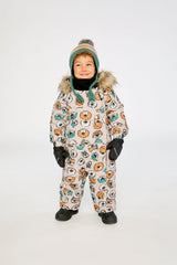 Baby boy beige dog print car seat snowsuit with fleece-lined hood