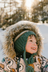 Deux par Deux beige dog print baby snowsuit with removable mittens and booties