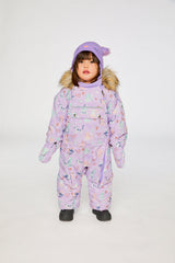 Baby girl purple cat winter snowsuit with fleece-lined hood