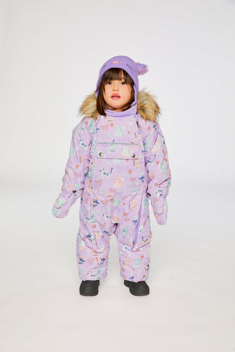Baby girl purple cat winter snowsuit with fleece-lined hood