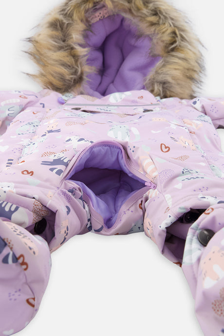 Crotch zipper opened for the car seat buckle on the purple cat print baby snowsuit
