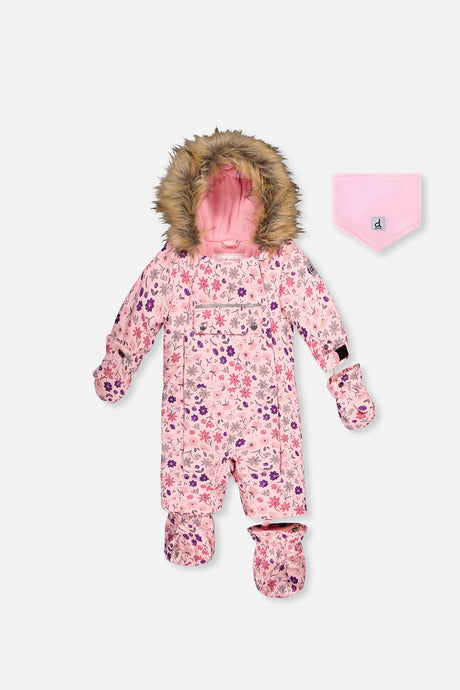 Deux par Deux baby car-seat snowsuit in pink mini flower print, one-piece winter product view