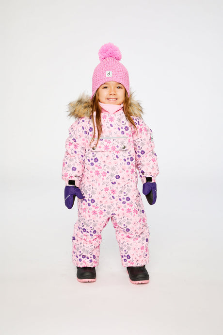 Baby wearing the Deux par Deux pink mini flower car-seat snowsuit in a winter lookbook view