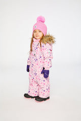 Deux par Deux pink mini flower baby one-piece snowsuit shown from an alternate modeled angle