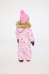 Baby pink mini flower snowsuit adapted for car seats shown in an alternate winter lookbook view