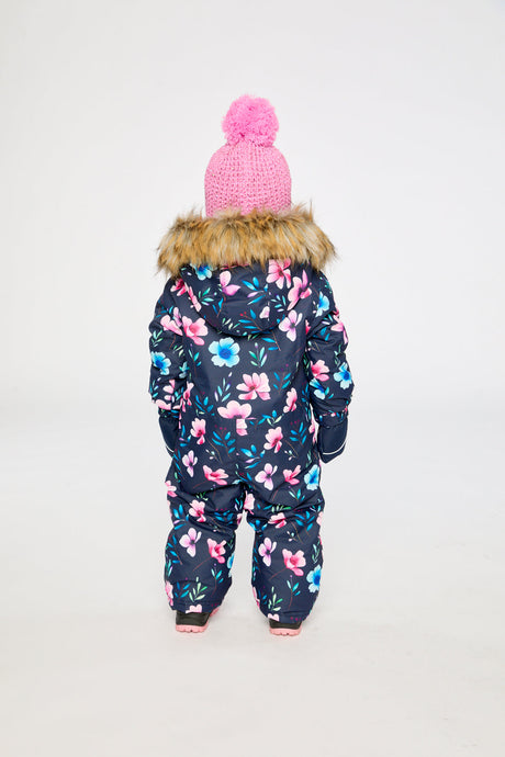 Alternate winter lookbook view of the Deux par Deux baby car-seat one-piece snowsuit in Blue Floral Print
