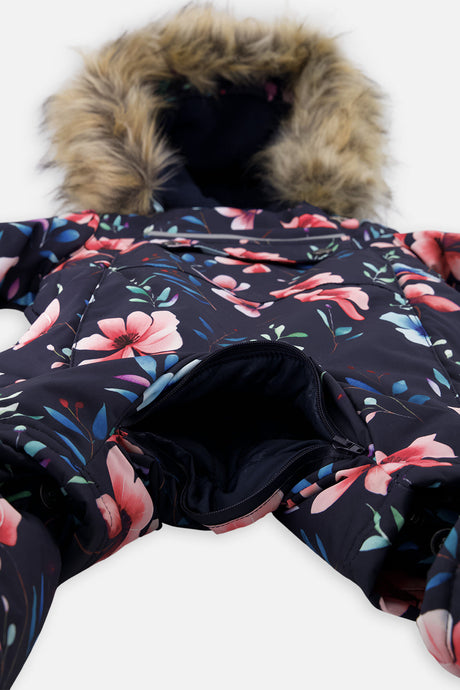 Crotch zipper opened for the car seat buckle on the navy blue floral print baby snowsuit