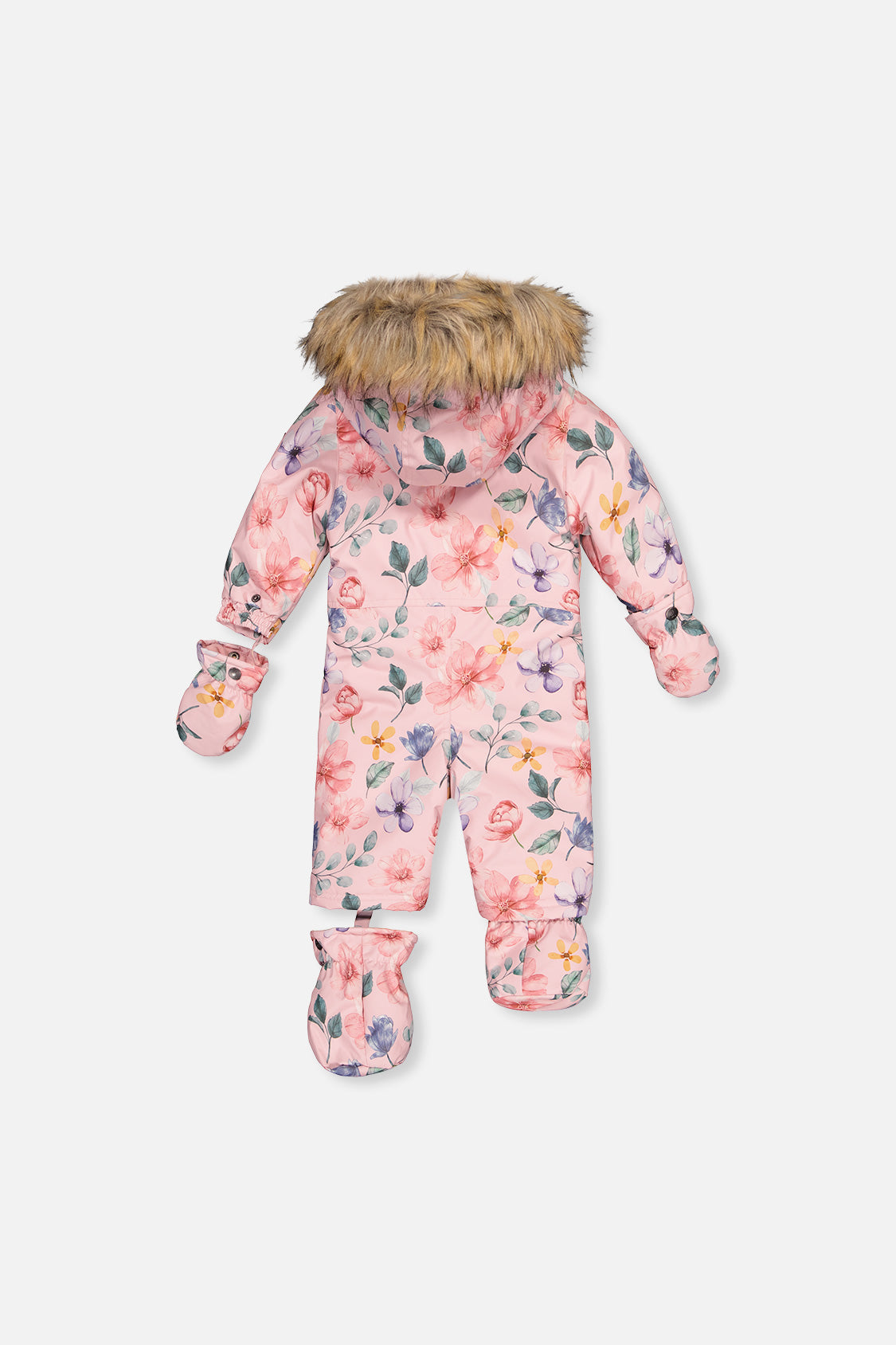 Back of the pink floral print baby one-piece snowsuit with hood, mittens and booties