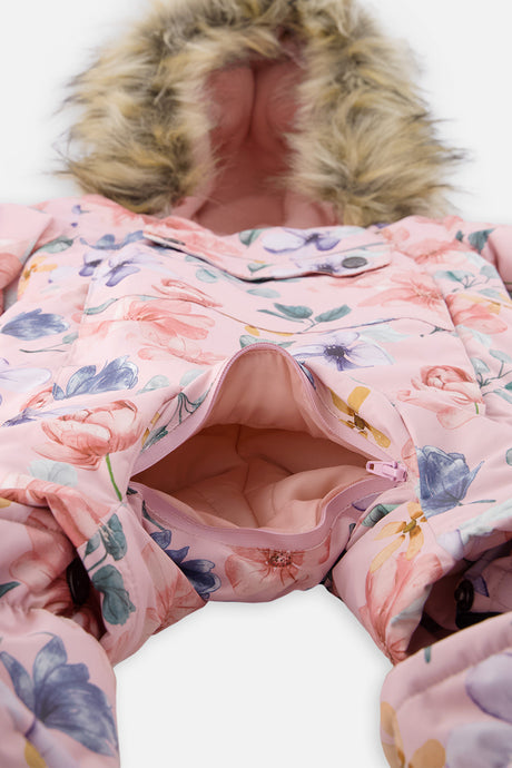 Crotch zipper opened for the car seat buckle on the pink floral print baby snowsuit
