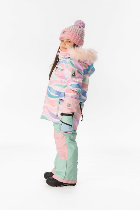 Girl in the multicolor line print Deux par Deux PLAY snowsuit, side view