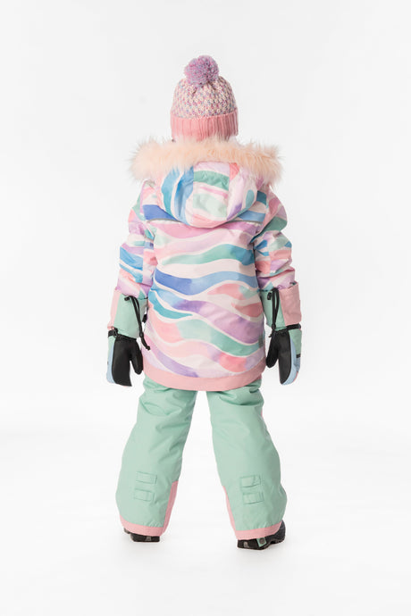 Girl in the multicolor line print Deux par Deux PLAY snowsuit, back view