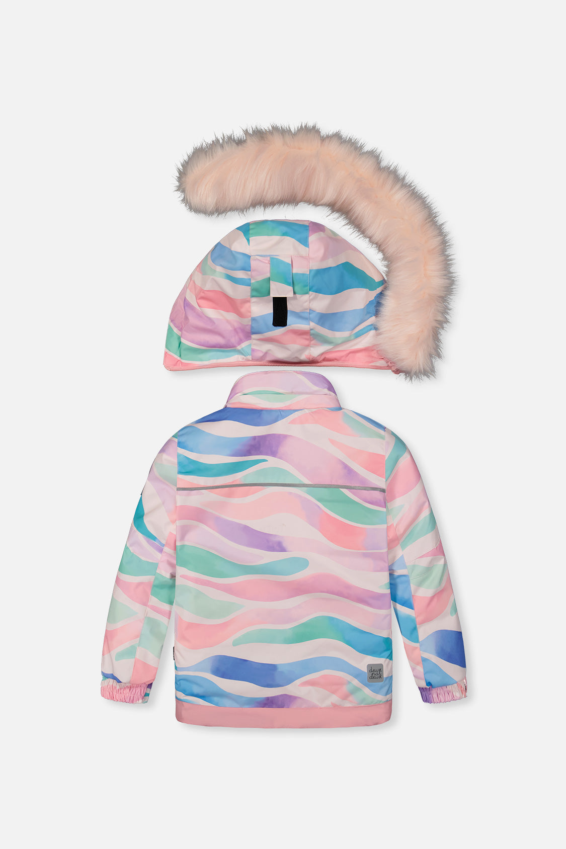 Multicolored girls ski snowsuit with detachable faux fur trimmed hood