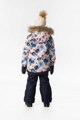 Back view of a girl in the watercolor flower Deux par Deux PLAY snowsuit