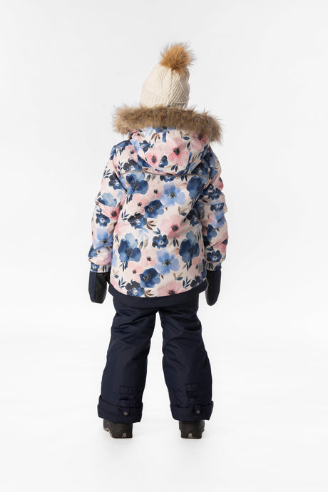 Back view of a girl in the watercolor flower Deux par Deux PLAY snowsuit