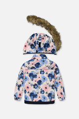 Watercolor flower girls ski snowsuit with faux fur trimmed hood