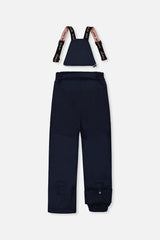 Back of the navy snow pants with suspenders and reinforced seat