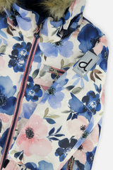 Close-up of the watercolor flower print with front zipper and Deux par Deux logo patch