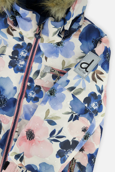 Close-up of the watercolor flower print with front zipper and Deux par Deux logo patch