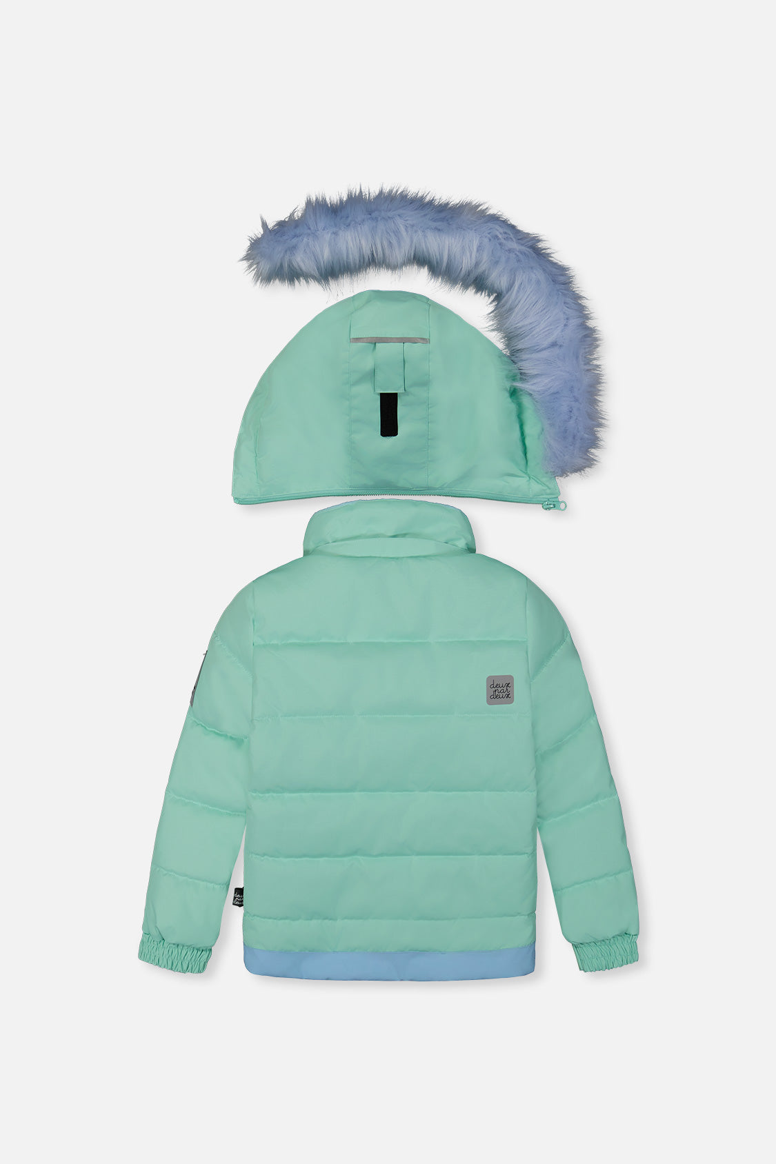 Mint green girls ski snowsuit with detachable faux fur trimmed hood