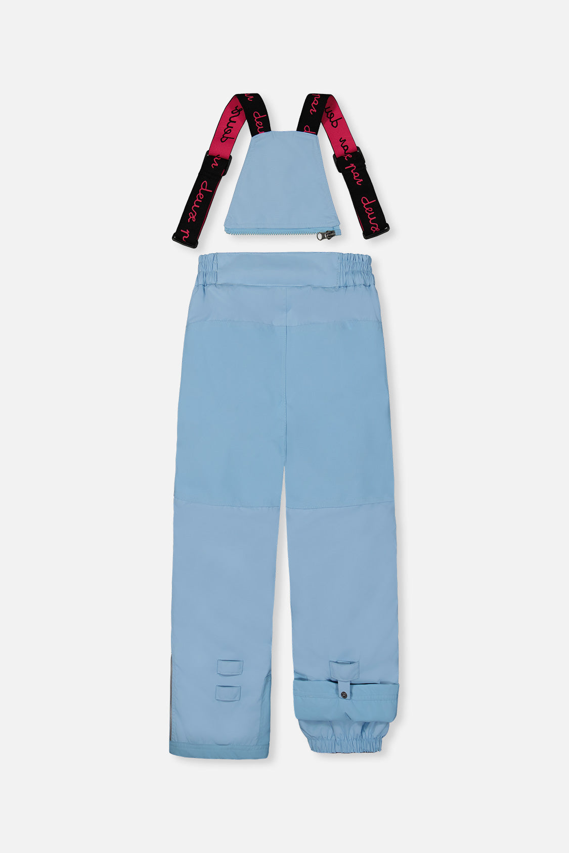 Deux par Deux girls PLAY snowsuit, mint green and light blue – light blue snow pants, back view with suspenders off