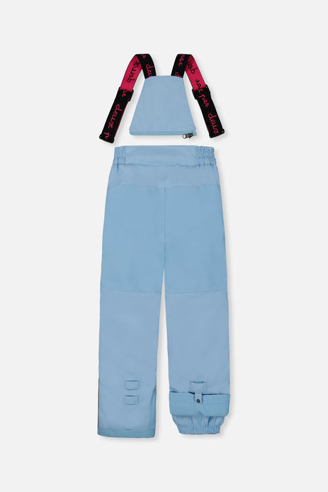 Deux par Deux girls PLAY snowsuit, mint green and light blue – light blue snow pants, back view with suspenders off