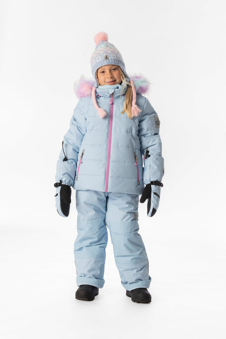 Girl standing in the light blue Deux par Deux PLAY snowsuit, full-length front view