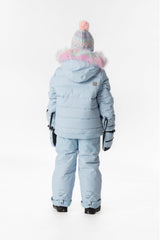 Girl in the light blue Deux par Deux PLAY snowsuit, back view
