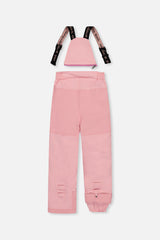 Deux par Deux girls PLAY snowsuit, light pink – light pink snow pants, back view with suspenders off