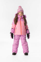 Girl standing in the pinkish violet and pink Deux par Deux PLAY snowsuit, full-length front view