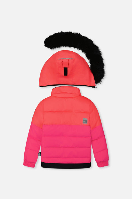 Bright pink girls ski suit with detachable faux fur trimmed hood