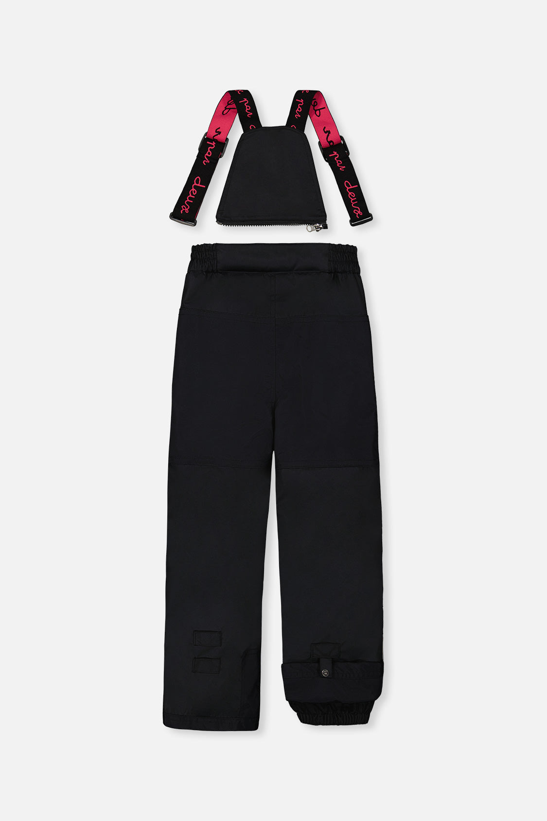 Deux par Deux girls PLAY snowsuit, coral, bright pink and black – black snow pants, back view with suspenders off