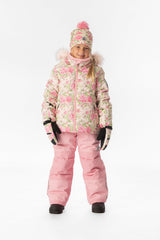 Girl standing in the Deux par Deux PLAY snowsuit with pink mini flower jacket and pink snow pants, front view
