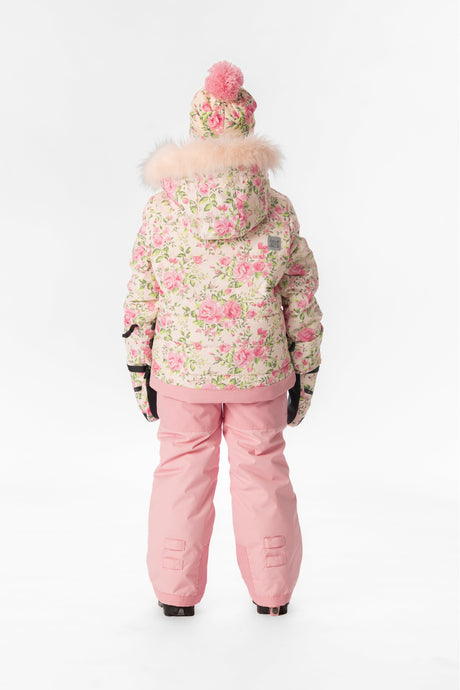 Back view of a girl in the pink mini flower Deux par Deux PLAY snowsuit