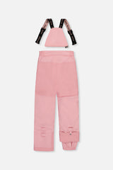 Back of the pink snow pants with suspenders and reinforced seat