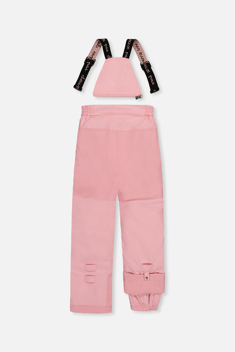 Back of the pink snow pants with suspenders and reinforced seat
