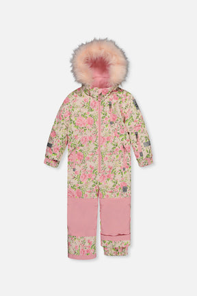 Kids One Piece Play Snowsuit Beige Vintage Rose Print-0