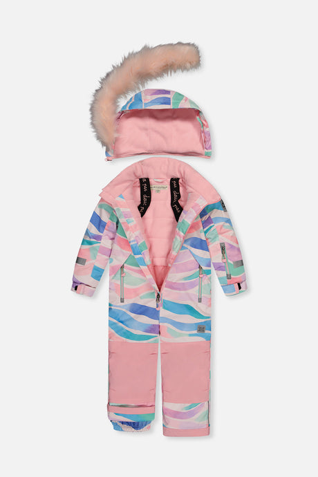 Deux par Deux girls' PLAY one-piece snowsuit in multicolor line print – product view 3