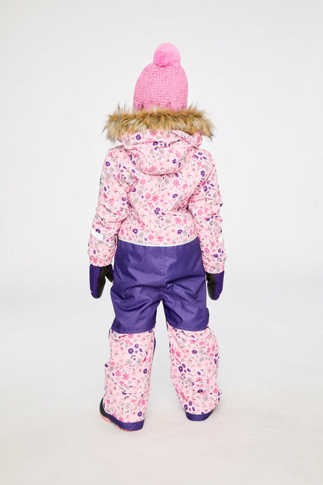 Alternate winter lookbook view of the Deux par Deux kids PLAY one-piece snowsuit in Pink Mini Flower Print