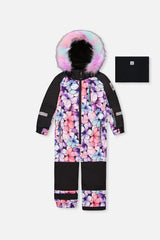 Deux par Deux girls PLAY one-piece snowsuit in purple floral print for -30°C winter weather.