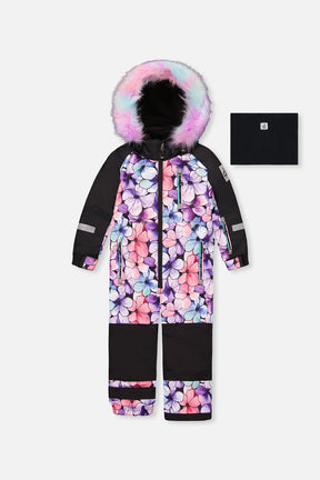 Deux par Deux girls PLAY one-piece snowsuit in purple floral print for -30°C winter weather.