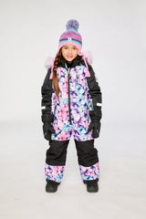 Deux par Deux PLAY girls snowsuit in purple floral print with reinforced knees, seat and hems.