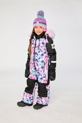 Girls Deux par Deux purple floral PLAY one-piece snowsuit with grow-with-me sleeves and hems.