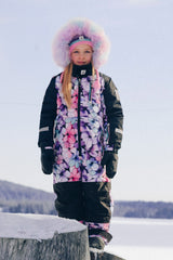 Girls Deux par Deux purple floral PLAY snowsuit shown as a streamlined one-piece winter suit.