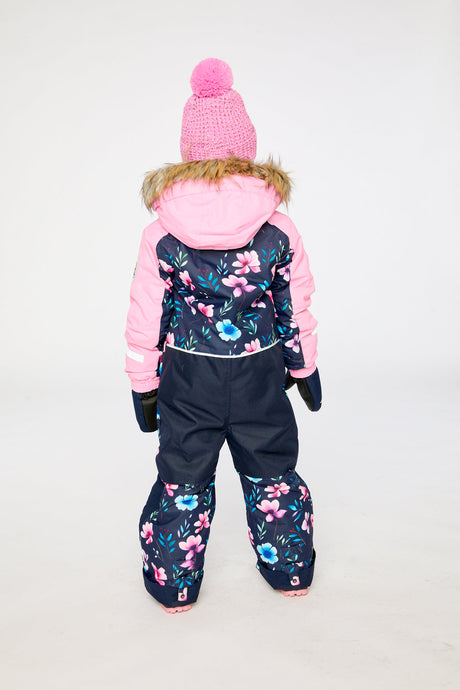 Girl in Deux par Deux -30°C blue floral one-piece snowsuit with faux-fur hood