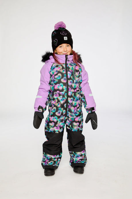 Girls black heart one-piece winter snowsuit by Deux par Deux lookbook view