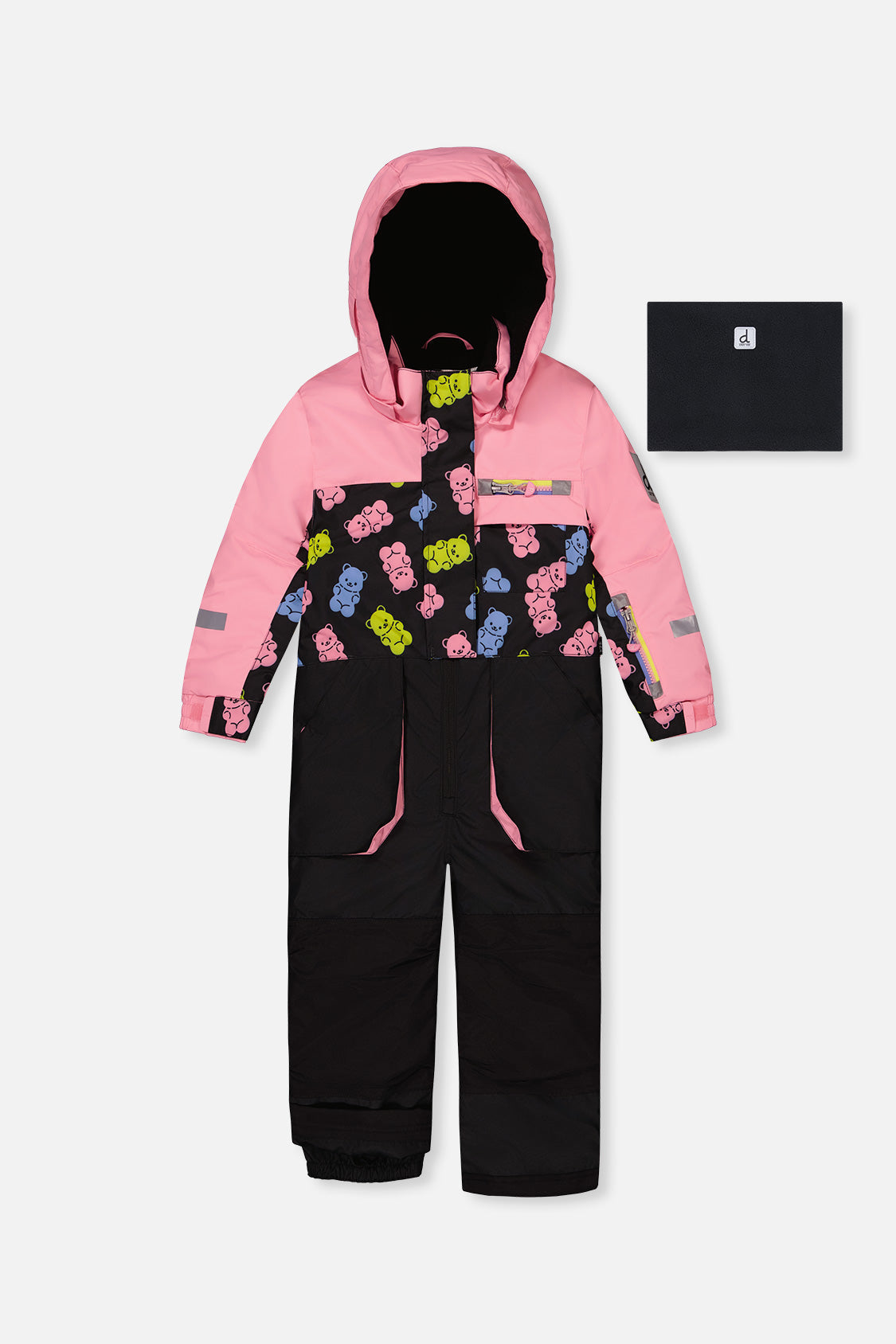Deux par Deux kids PLAY one-piece snowsuit in pink and black gummy bear print product view