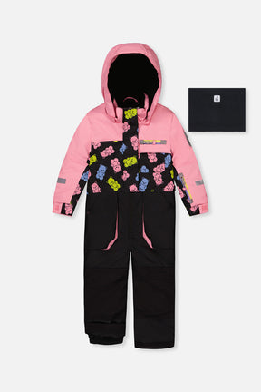 Deux par Deux kids PLAY one-piece snowsuit in pink and black gummy bear print product view