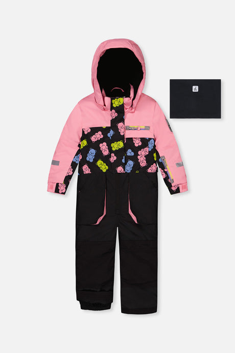 Deux par Deux kids PLAY one-piece snowsuit in pink and black gummy bear print product view