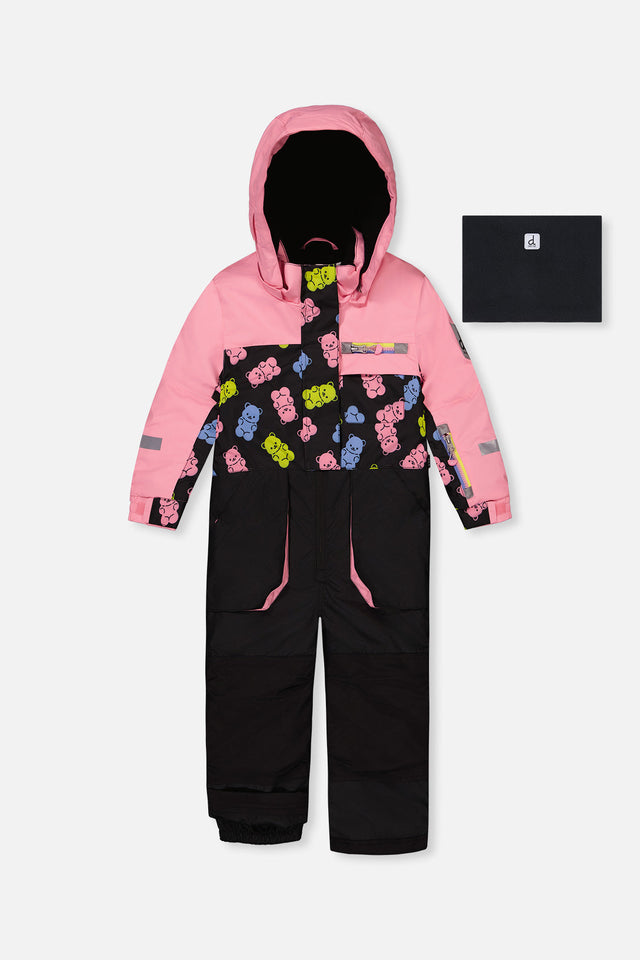 Deux par Deux kids PLAY one-piece snowsuit in pink and black gummy bear print product view