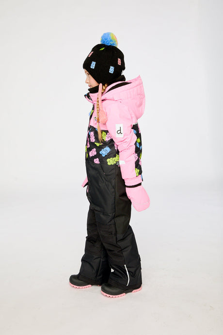 Deux par Deux gummy bear print PLAY one-piece snowsuit shown from an alternate modeled angle